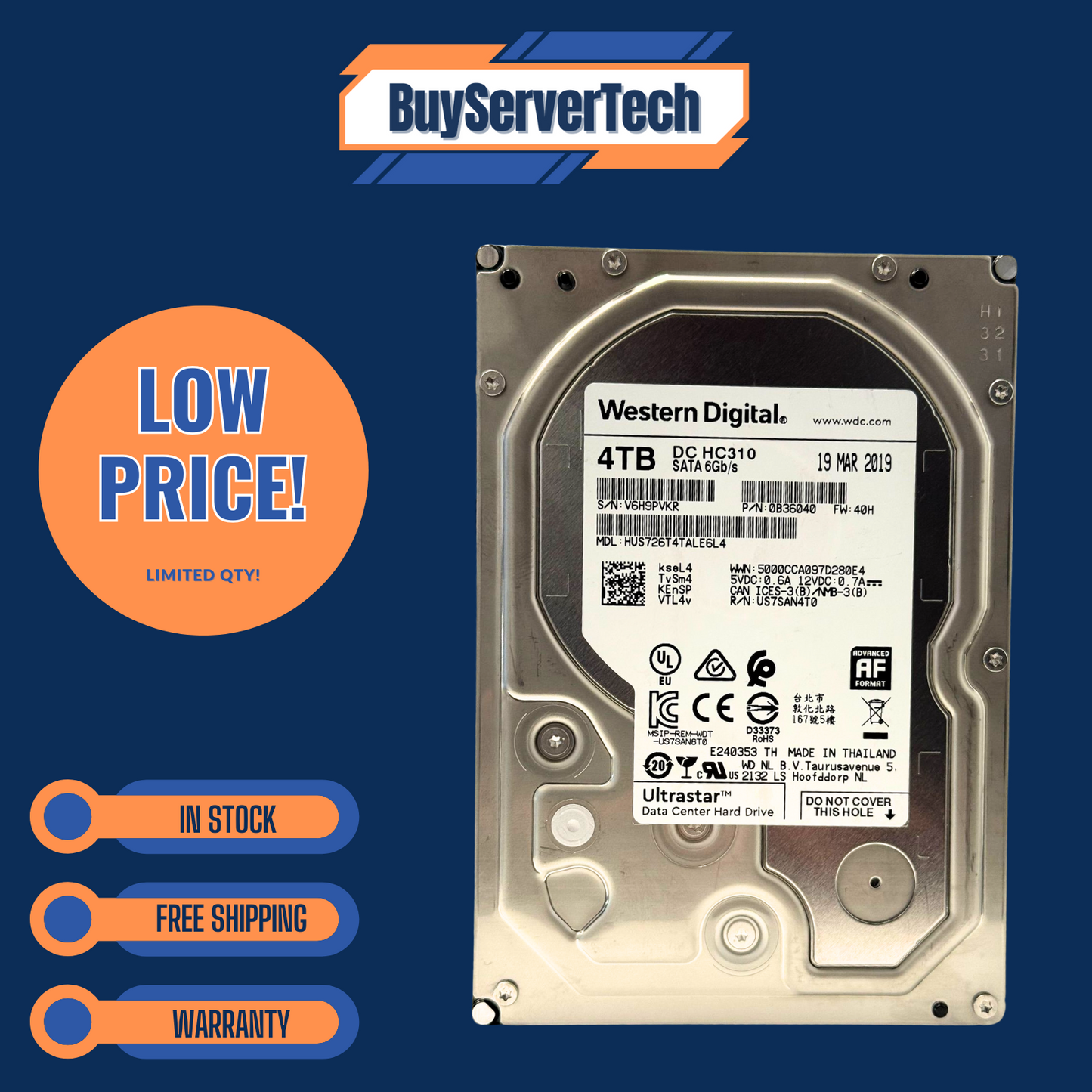 HUS726T4TALE6L4 Western Digital Ultrastar 4TB SATA 6Gbps 3.5" HDD DC HC310