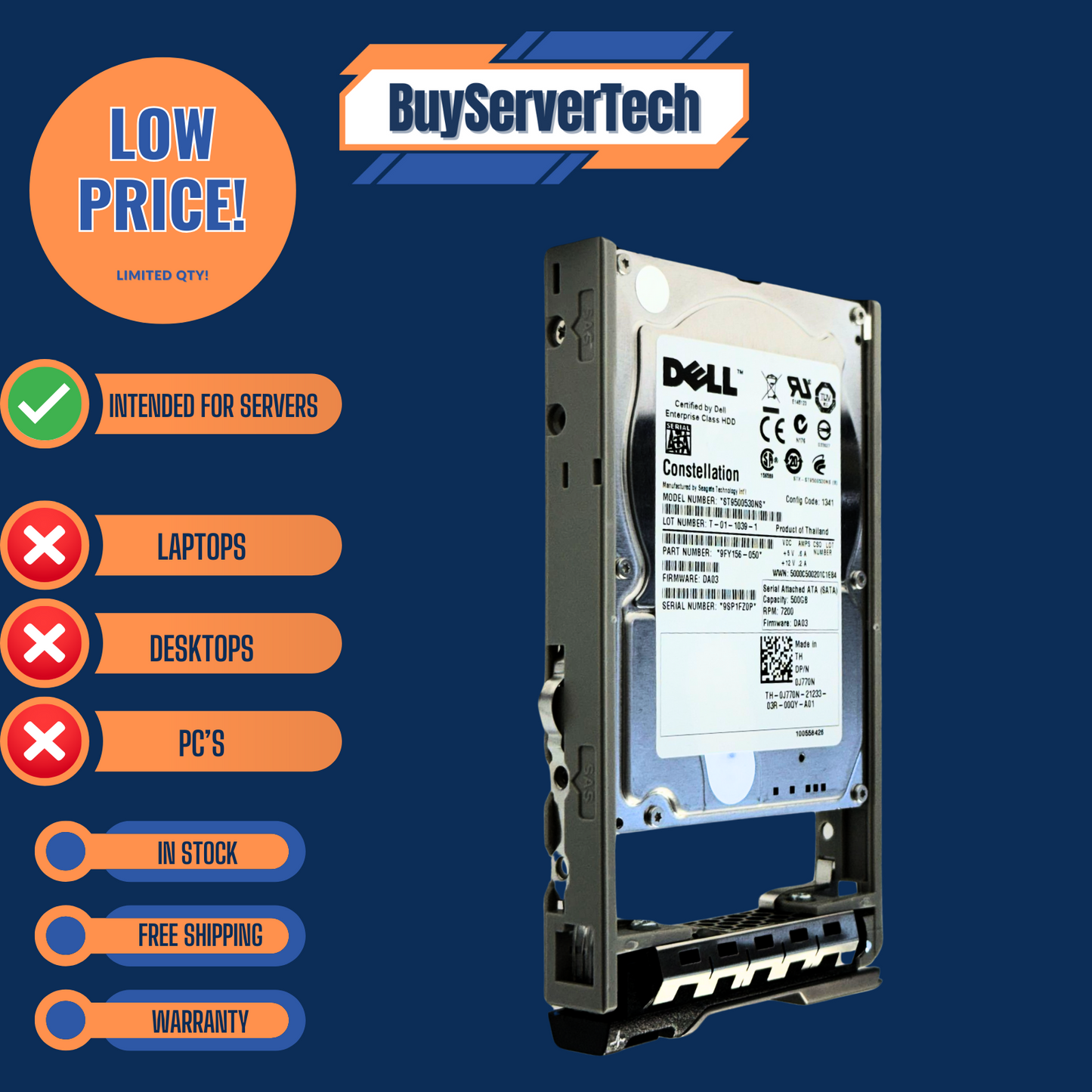 Dell J770N 500GB 7200RPM SATA 3Gbps 2.5" HDD | w/ Caddy | 0Hours 0J770N