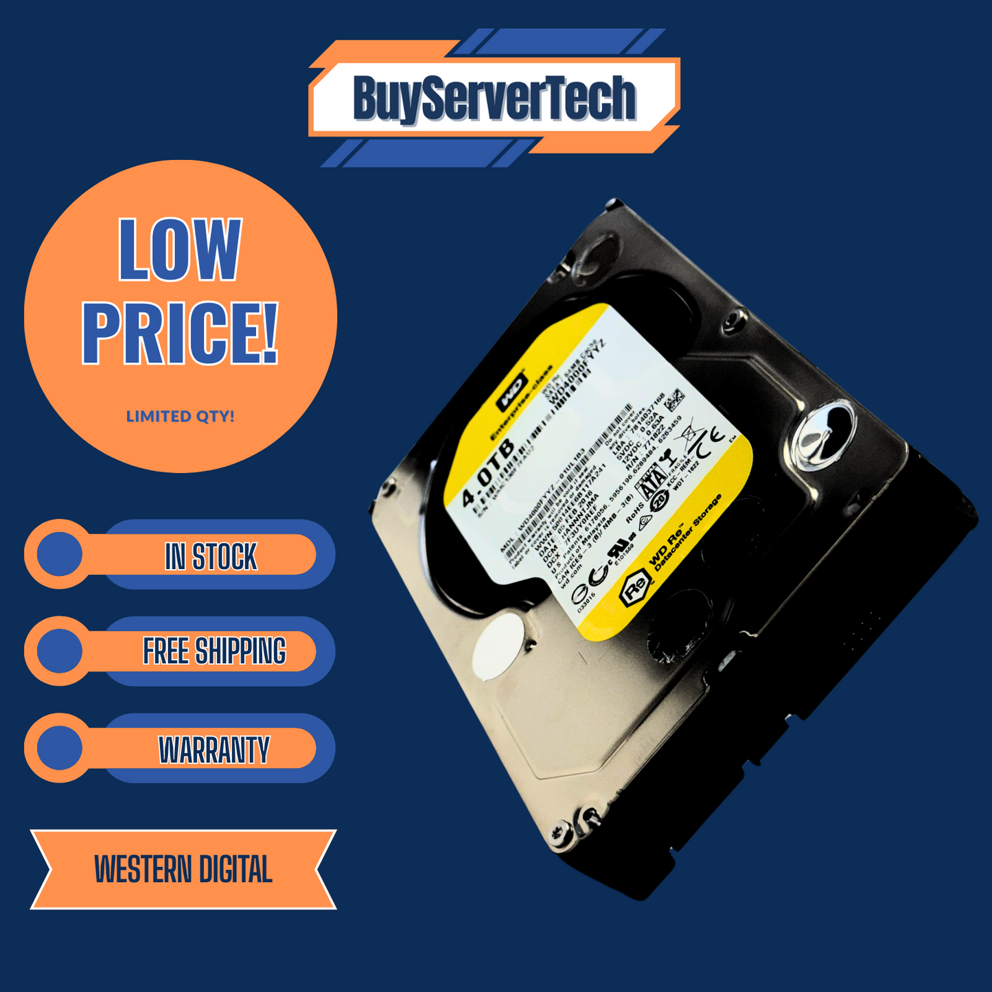 WD4000FYYZ Western Digital RE 4TB 7.2k 64MB 3.5" SATA 6Gb/s HDD | 0 Hours | 1 Y