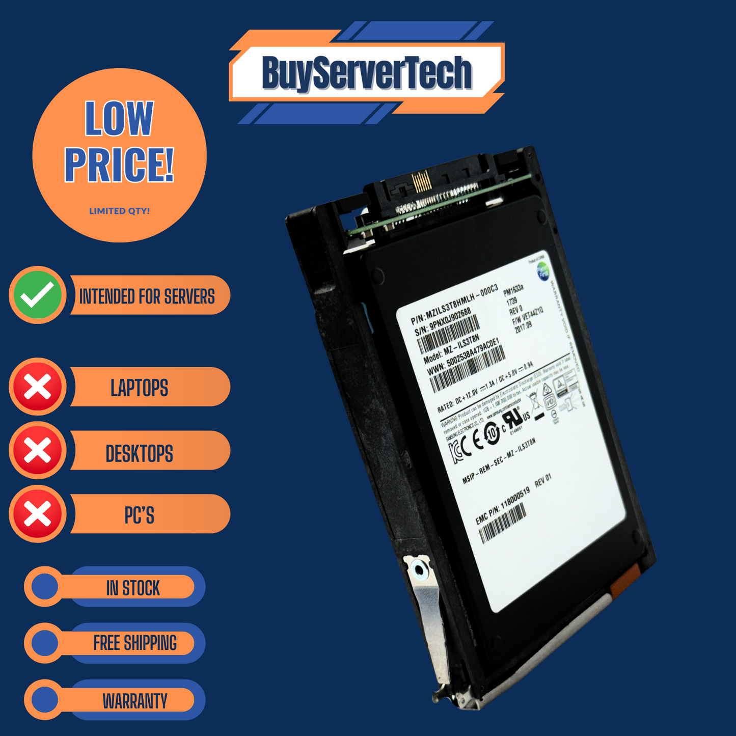 Samsung MZ-ILS3T8N 3.84TB SAS SSD PM1633a | EMC 118000519 | 12Gb/s | W/Tray