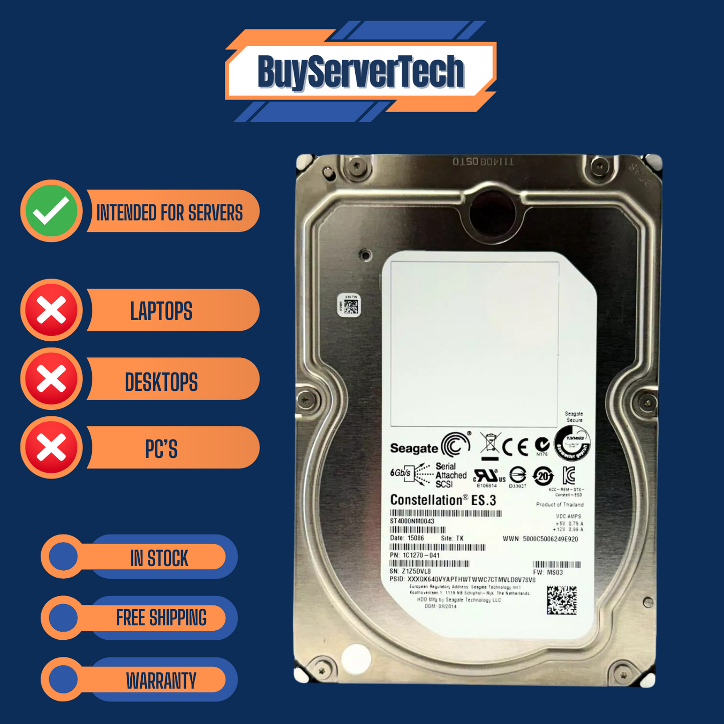 Seagate ST4000NM0043 4TB 7200RPM 128MB SAS 6Gb/s 3.5" Enterprise HDD SED