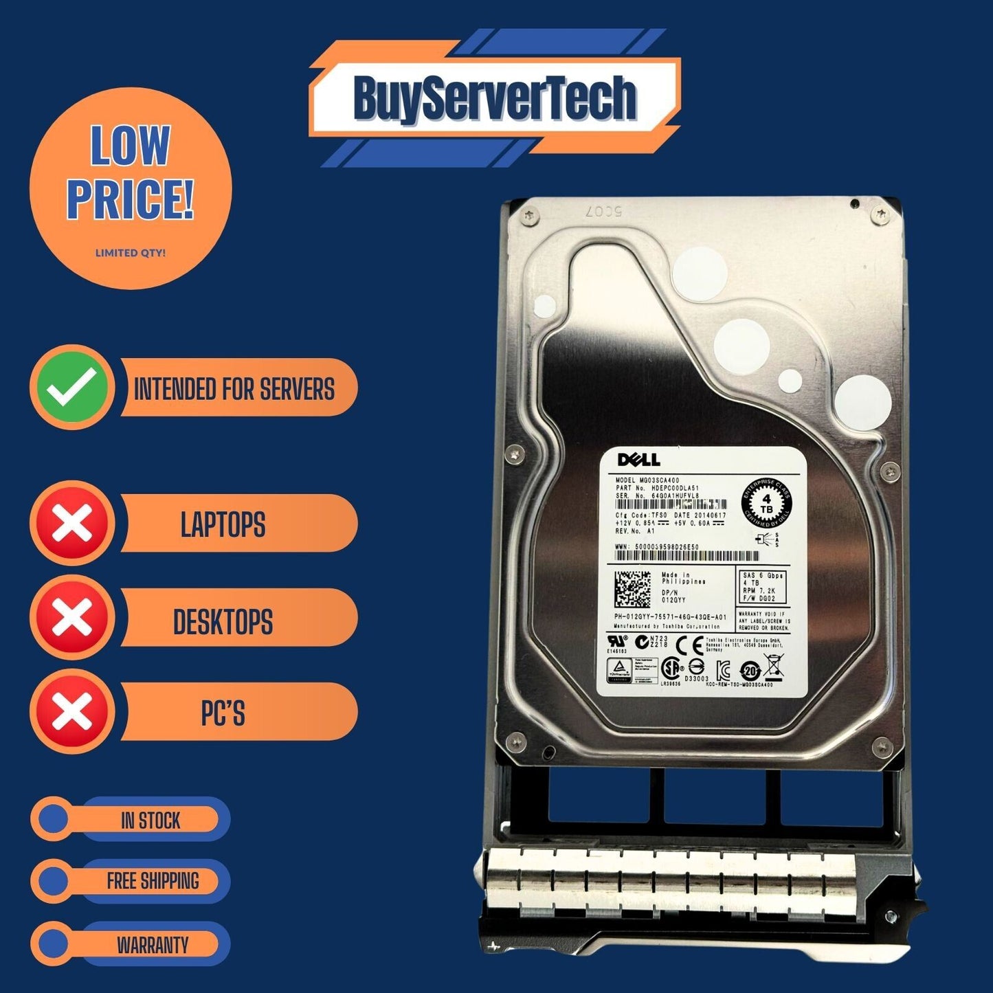 Dell 4TB 7.2K 6G 3.5" SAS HDD 12GYY 012GYY MG03SCA40 w/ Caddy - Enterprise Drive