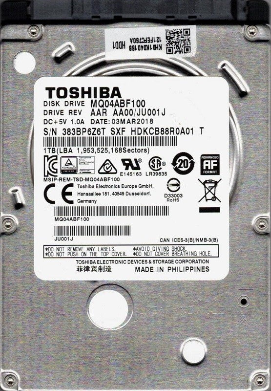 Toshiba MQ04ABF100 2.5in 1TB SATA III Internal Hard Drive,128mb, 6 Gbit/s. 7mm