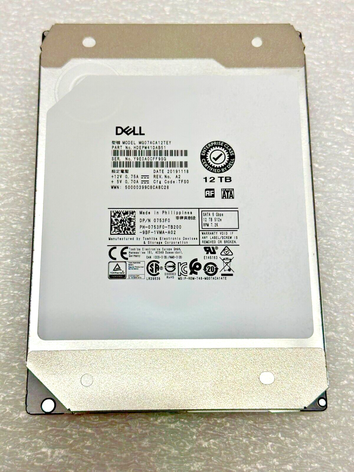 0753F0 TOSHIBA MG07ACA12TEY 12TB 7.2K SATA 512E 6GBPS 3.5 HDD Dell 753F0 W/ TRAY