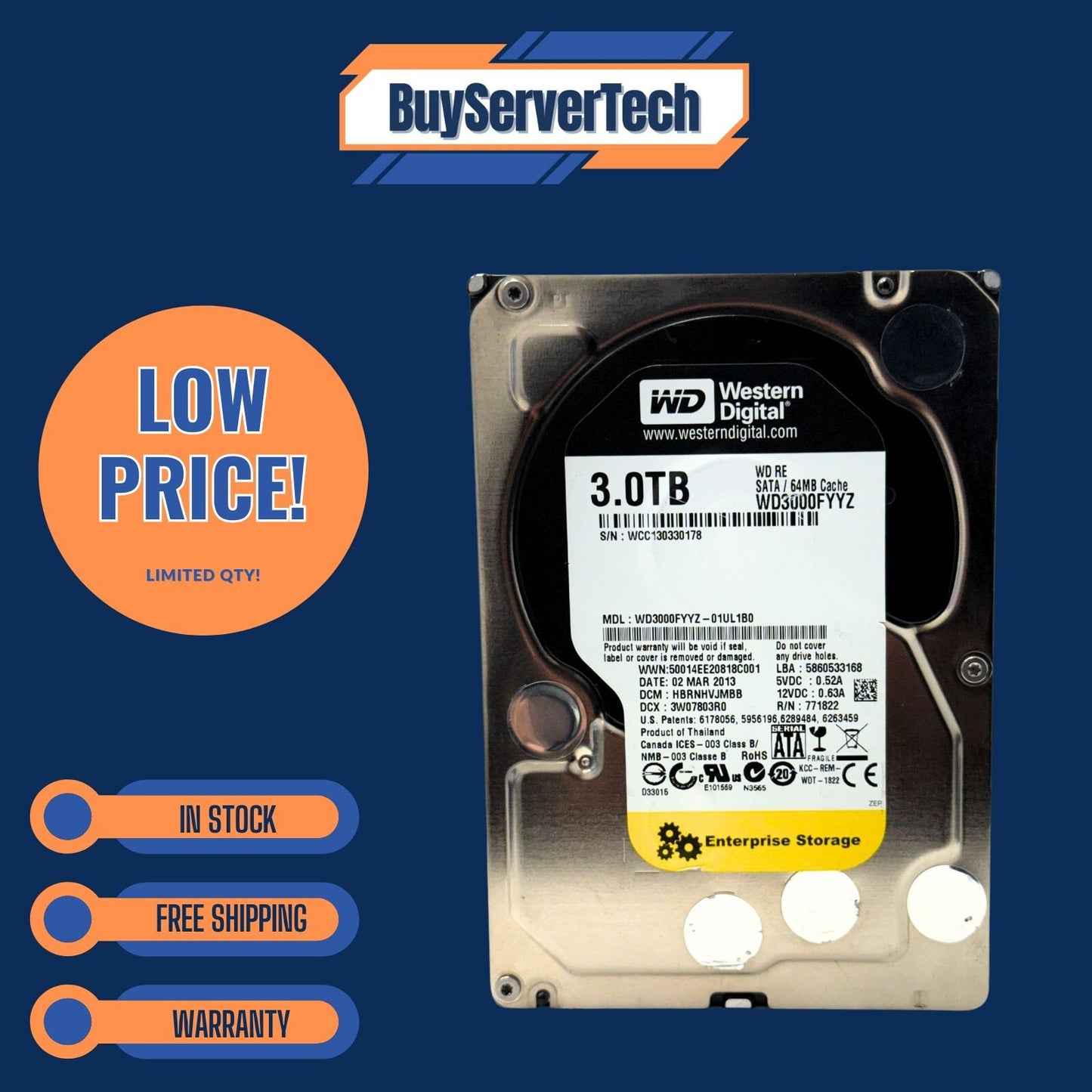 WD RE 3TB 7200RPM 6Gb/s 3.5" SATA HDD WD3000FYYZ 64MB Cache Enterprise Zero Hour
