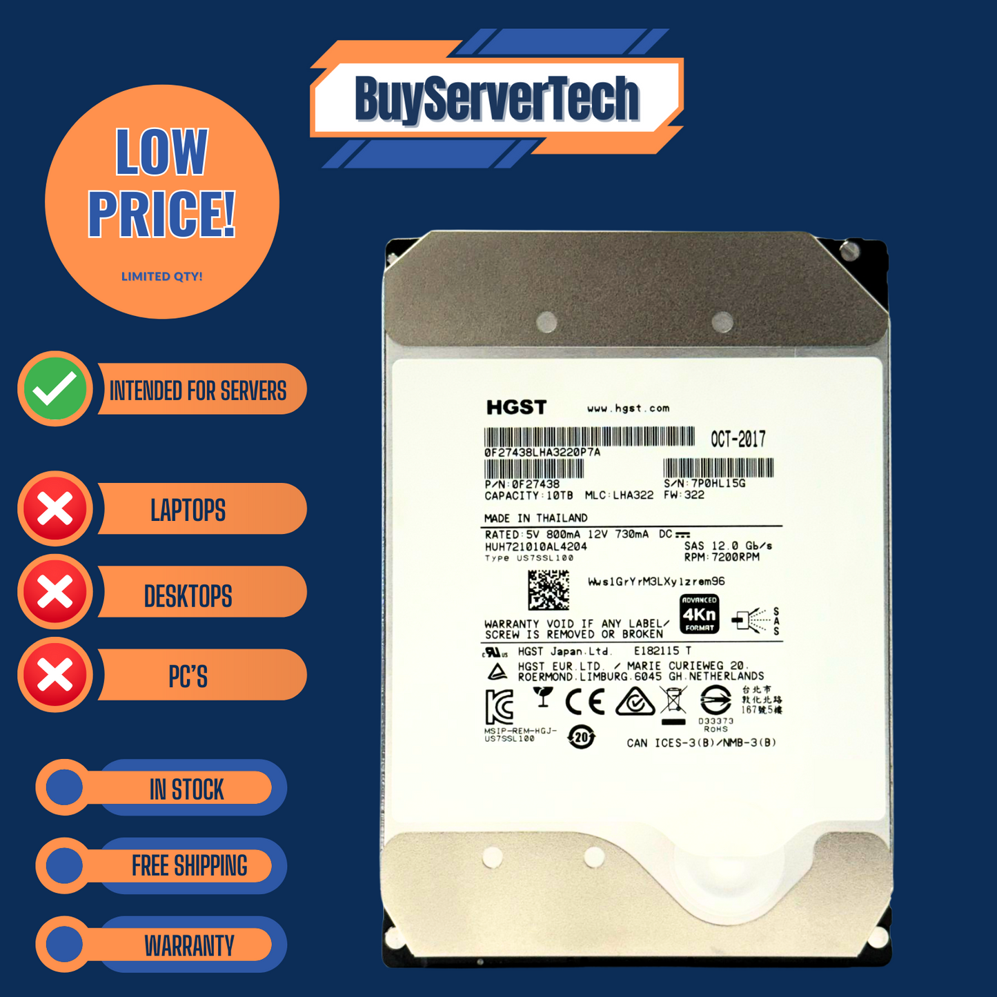 HGST Ultrastar 10TB 7200RPM 3.5" SAS 12Gb/s HDD HUH721010AL4204 Enterprise