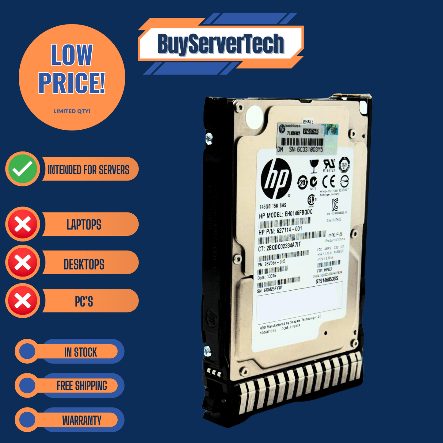 HP 652605-B21 146GB 15K SAS 6Gbps 2.5" HDD G8 G9 Enterprise 653950-001 | 0HRS