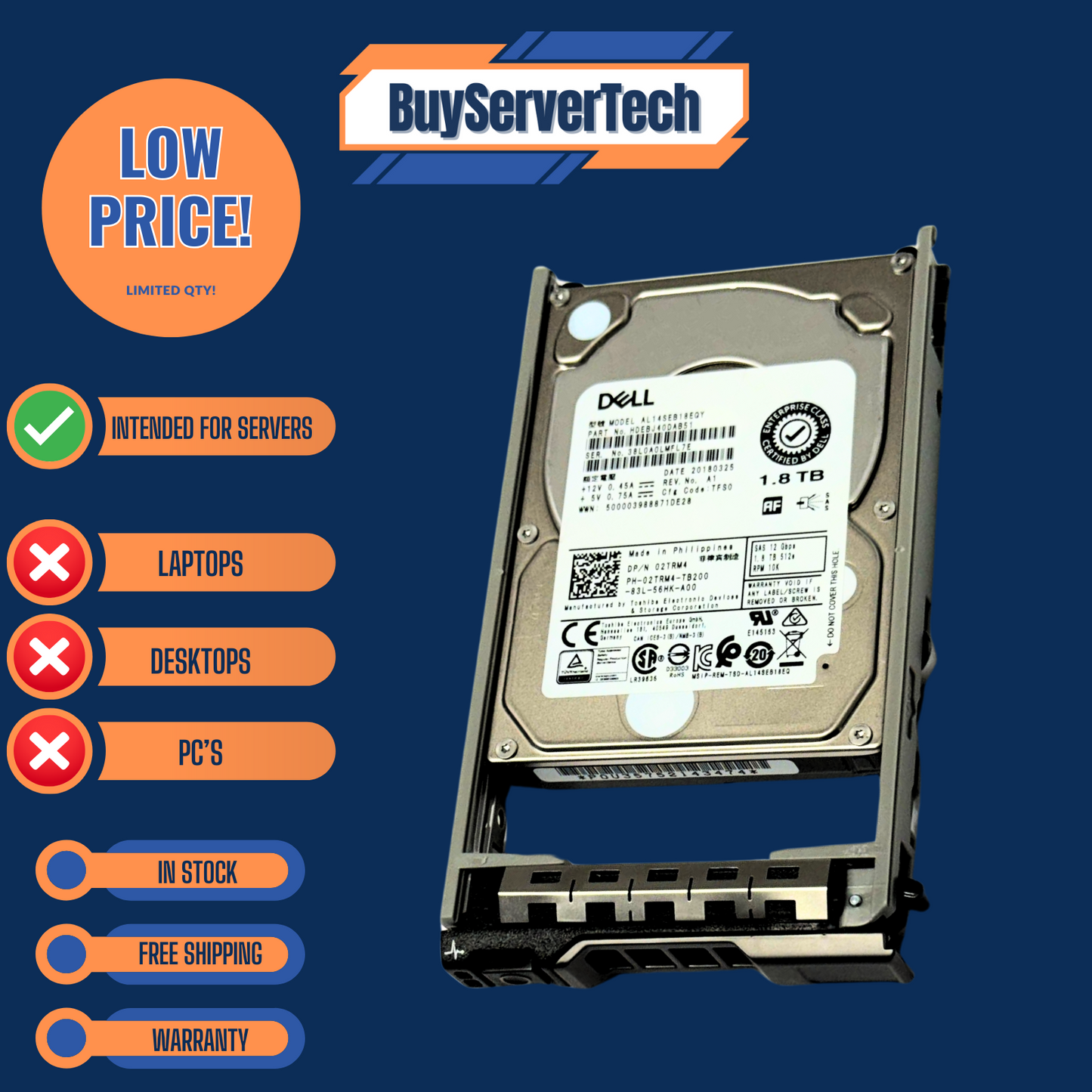 Dell 2TRM4 1.8TB 10K SAS 12G 2.5" HDD AL14SEB18EQY | 0 Hours - 1 Year war 02TRM4