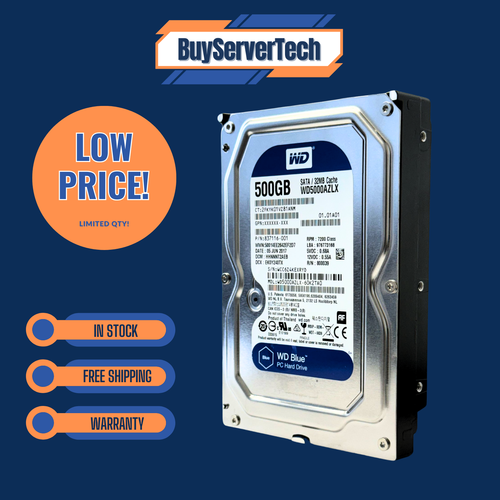 WD Blue 500GB 7.2KRPM 3.5" SATA HDD WD5000AZLX 32MB | Desktop PC Drive | 1YR