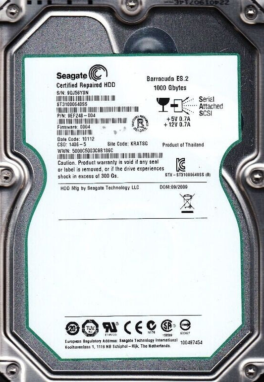 SEAGATE ST31000640SS 1TB BARRACUDA ES 2 7200 RPM SAS HARD DRIVE - CERTIFIED GN