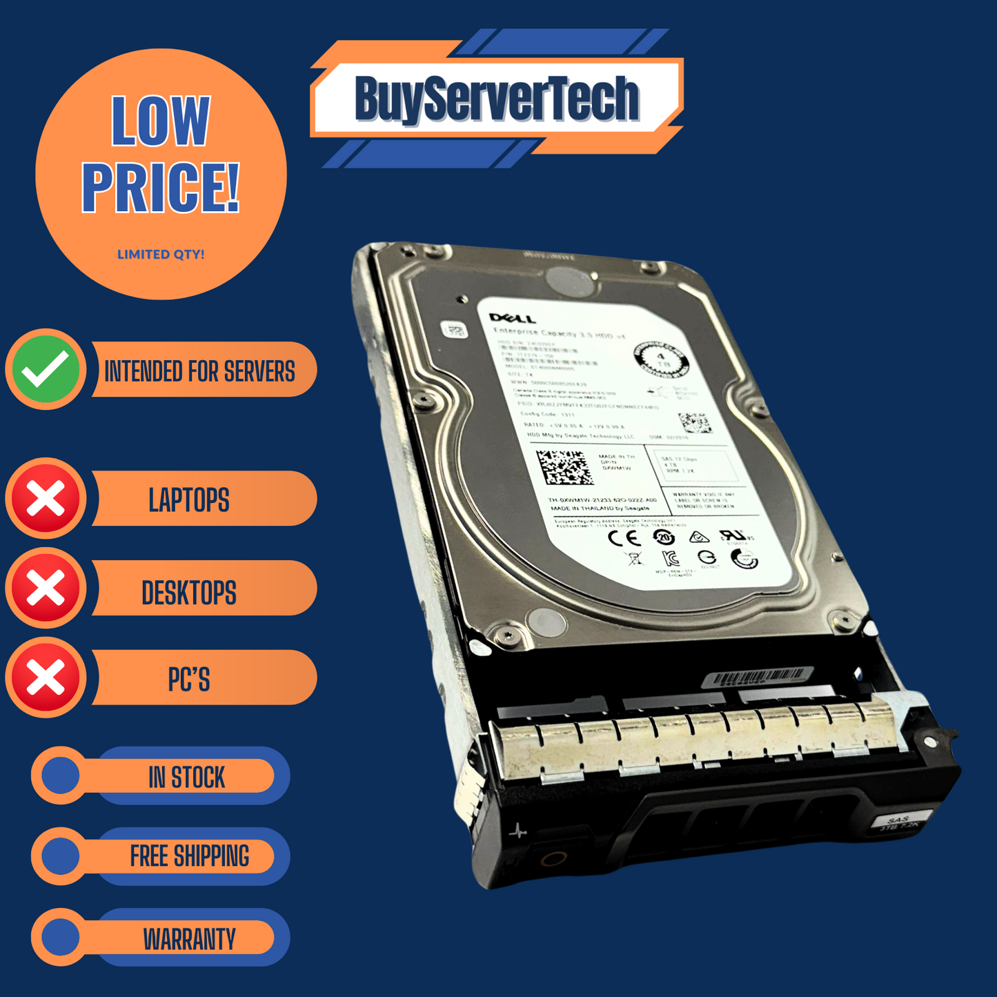 Dell XWM1W 4TB 7200RPM SAS 12Gbps 3.5" HDD | ST4000NM0005 | 0XWM1W - 1 Year War
