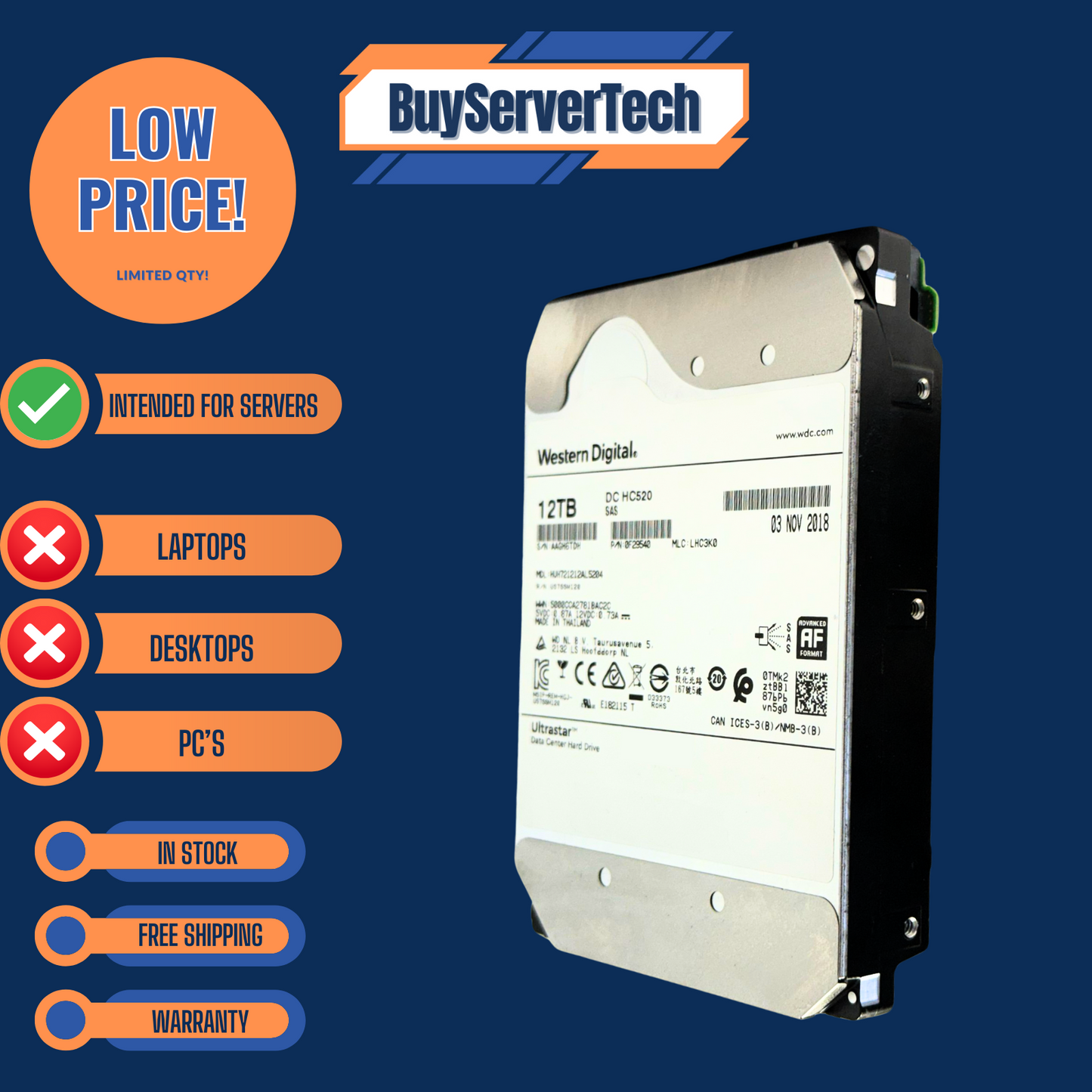 WD Ultrastar HUH721212AL5204/HUH721212AL5200 DC HC520 12TB 7200RPM SAS 3.5"