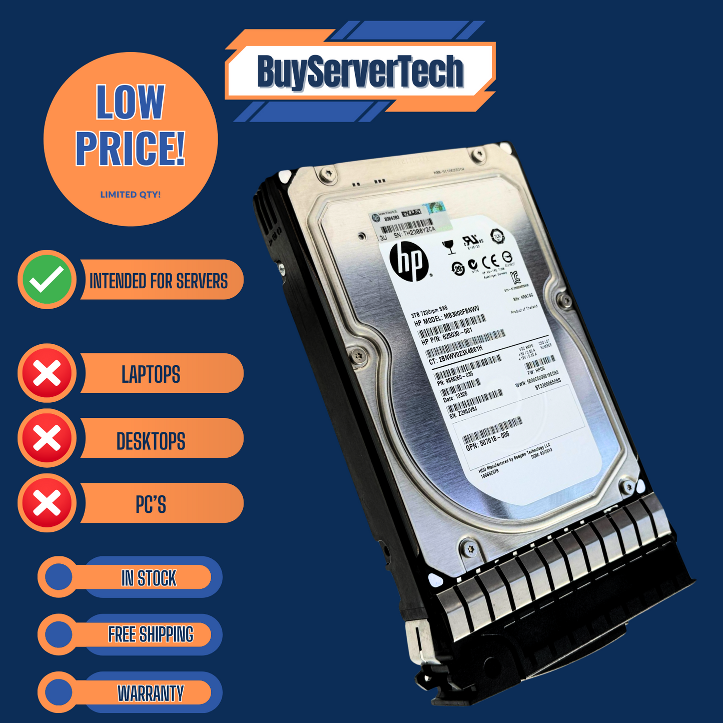 HP 652766-B21 653959-001 638521-002 3TB SAS 7.2K LFF HDD | 0 Hours | Caddy | 1YR