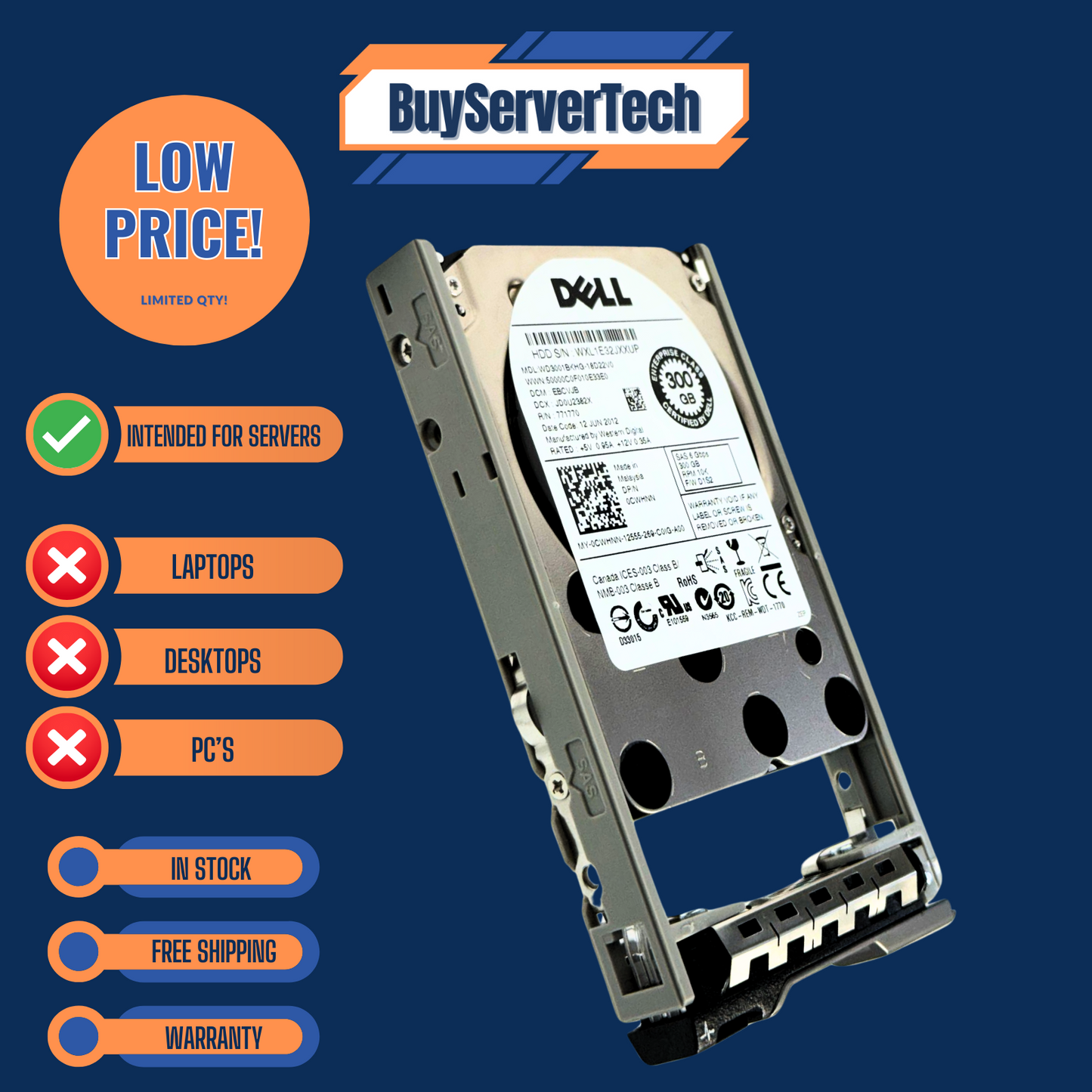 Dell CWHNN 300GB 10K 2.5" SAS 6Gb/s HDD 0CWHNN w/Tray | Server Use Only | 1 Yr W