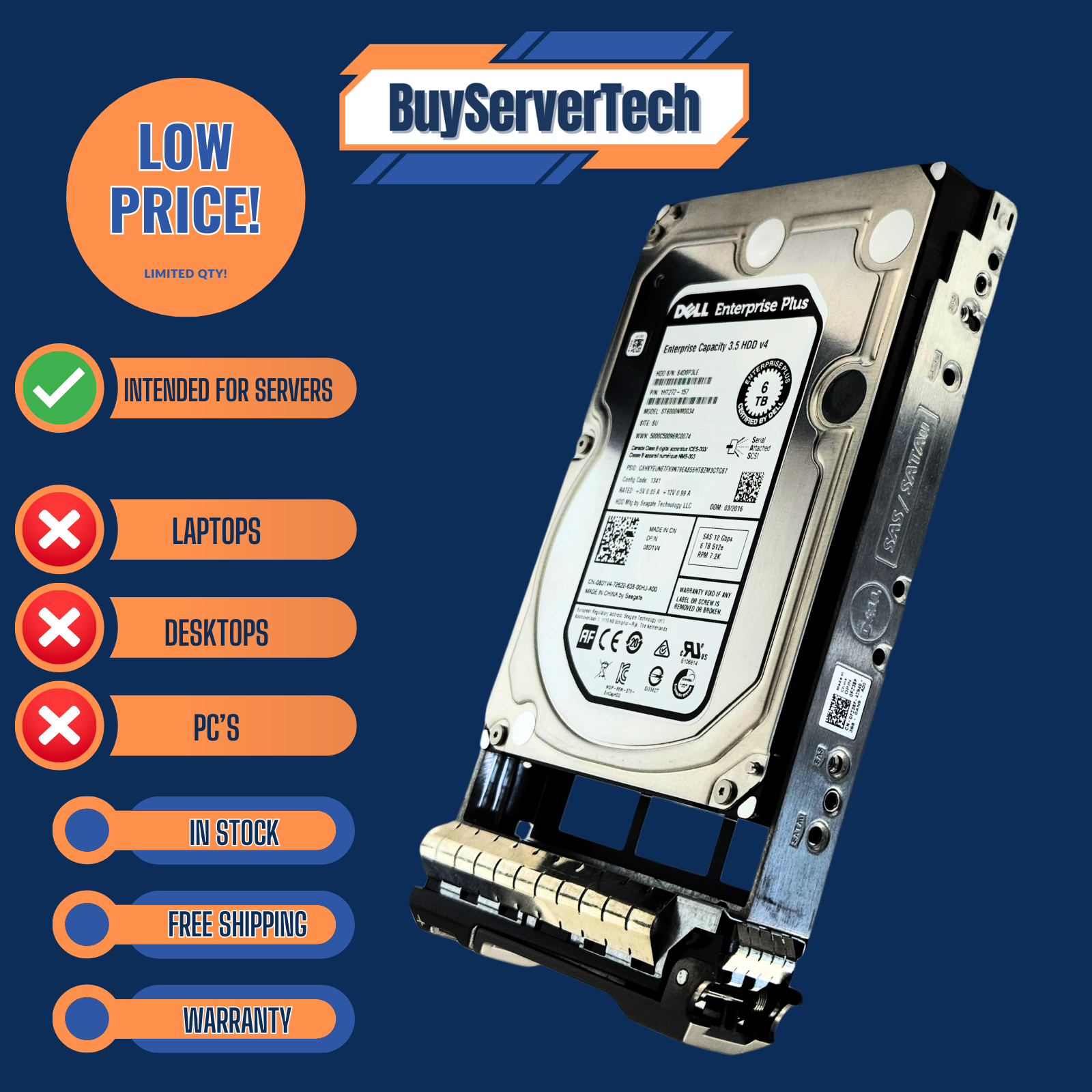 Dell 08D1V4 ST6000NM0034 6TB 7.2K 12Gbps 3.5" SAS HDD | 0 Hours | 8D1V4 - 1YR 