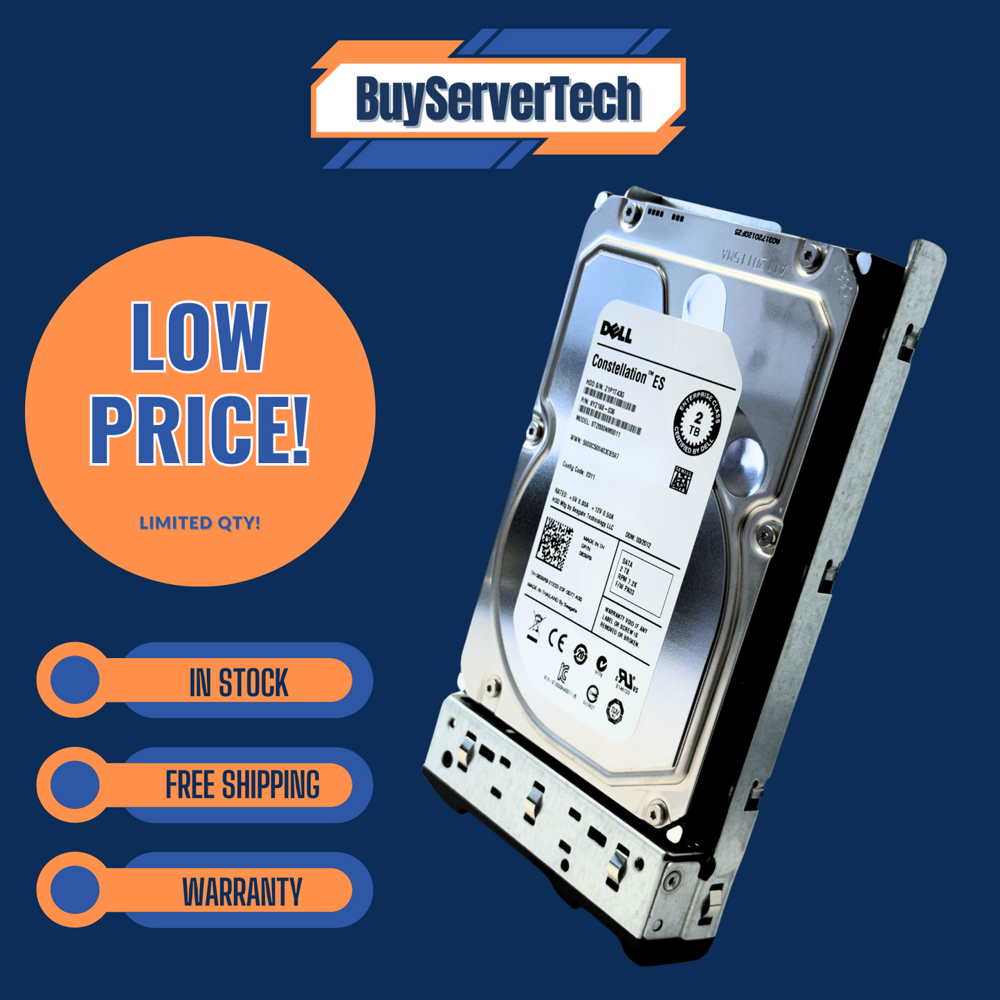 Dell 835R9 0835R9 2TB 7200RPM 6Gbps SATA 3.5" HDD | Hot-Plug Tray