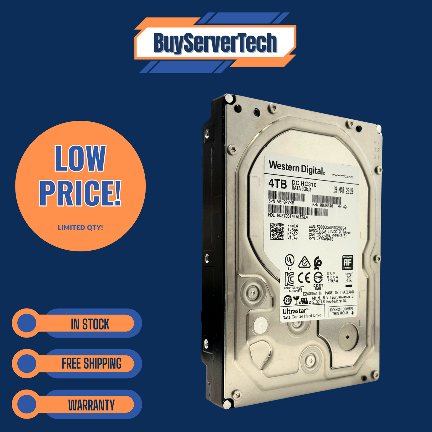HUS726T4TALE6L4 Western Digital Ultrastar 4TB SATA 6Gbps 3.5" HDD DC HC310