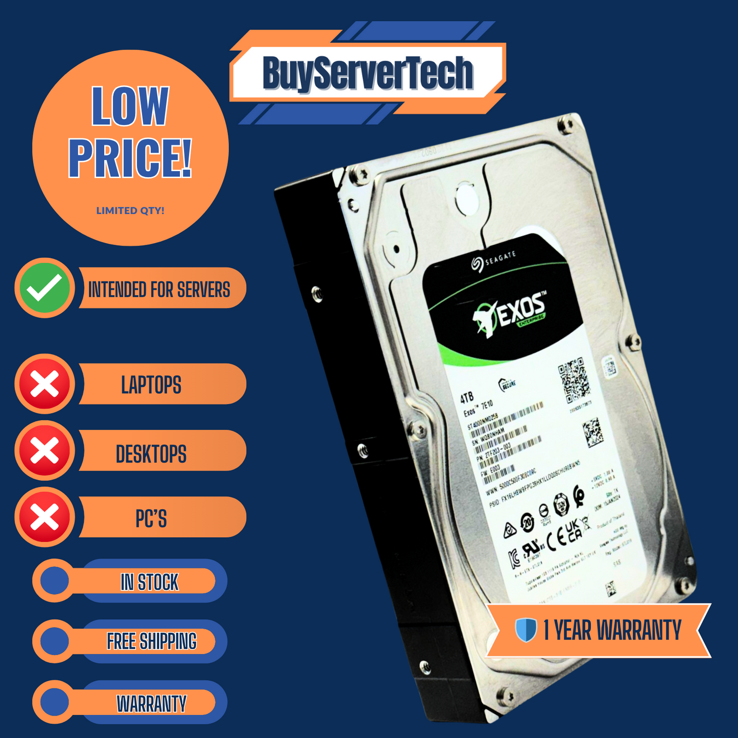 Seagate Exos 7E10 ST4000NM025B 4TB 7200RPM 256MB 3.5" SAS 12Gbps HDD | 1YR Warr