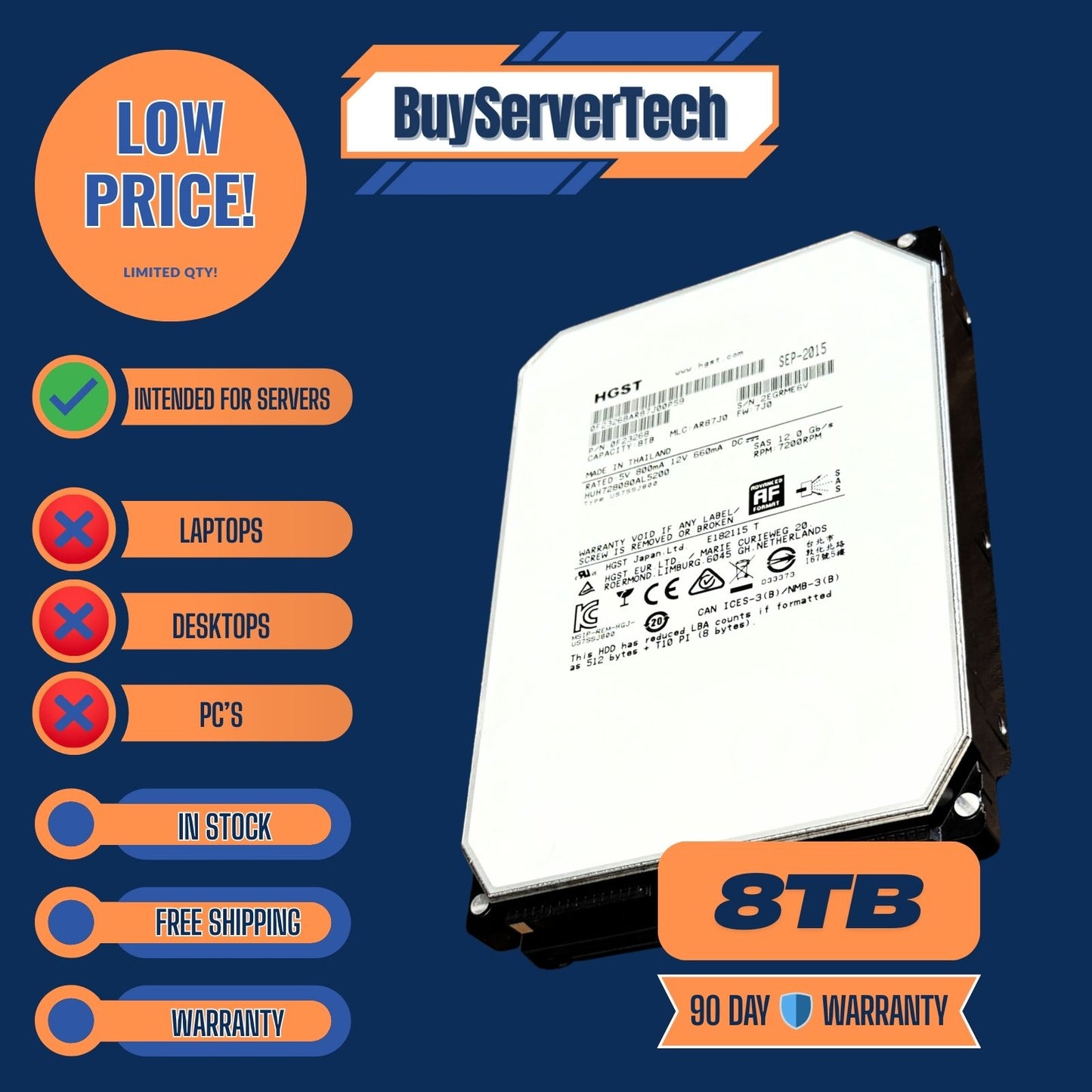 HGST 0F23268 8TB SAS 12Gb/s 3.5" HUH728080AL5200 Enterprise HDD 7200RPM 512e HDD