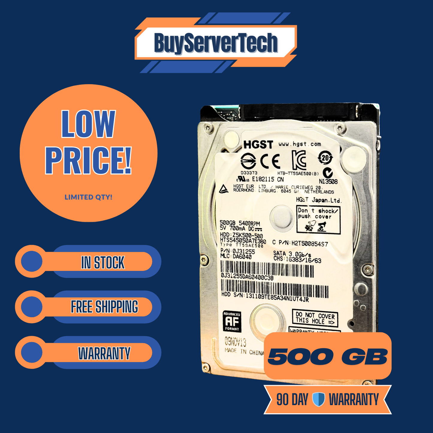 HGST 500GB SATA 5.4KRPM 2.5" Drive HTS545050A7E380 for Laptop,PS3, PS4 ,Xbox 1